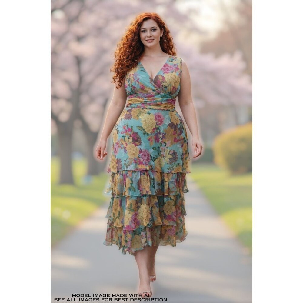 Y2K Adrianna Papell Silk Midi Dress 14 Blue Tiered Babydoll Romantic 100% Silk